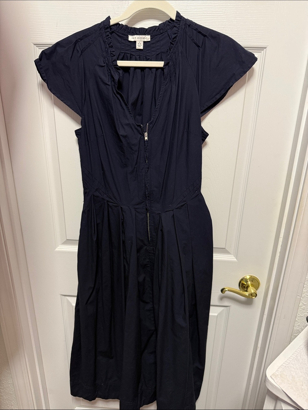 Free Assembly Navy Zip-Front Midi Dress with Ruffle Trim